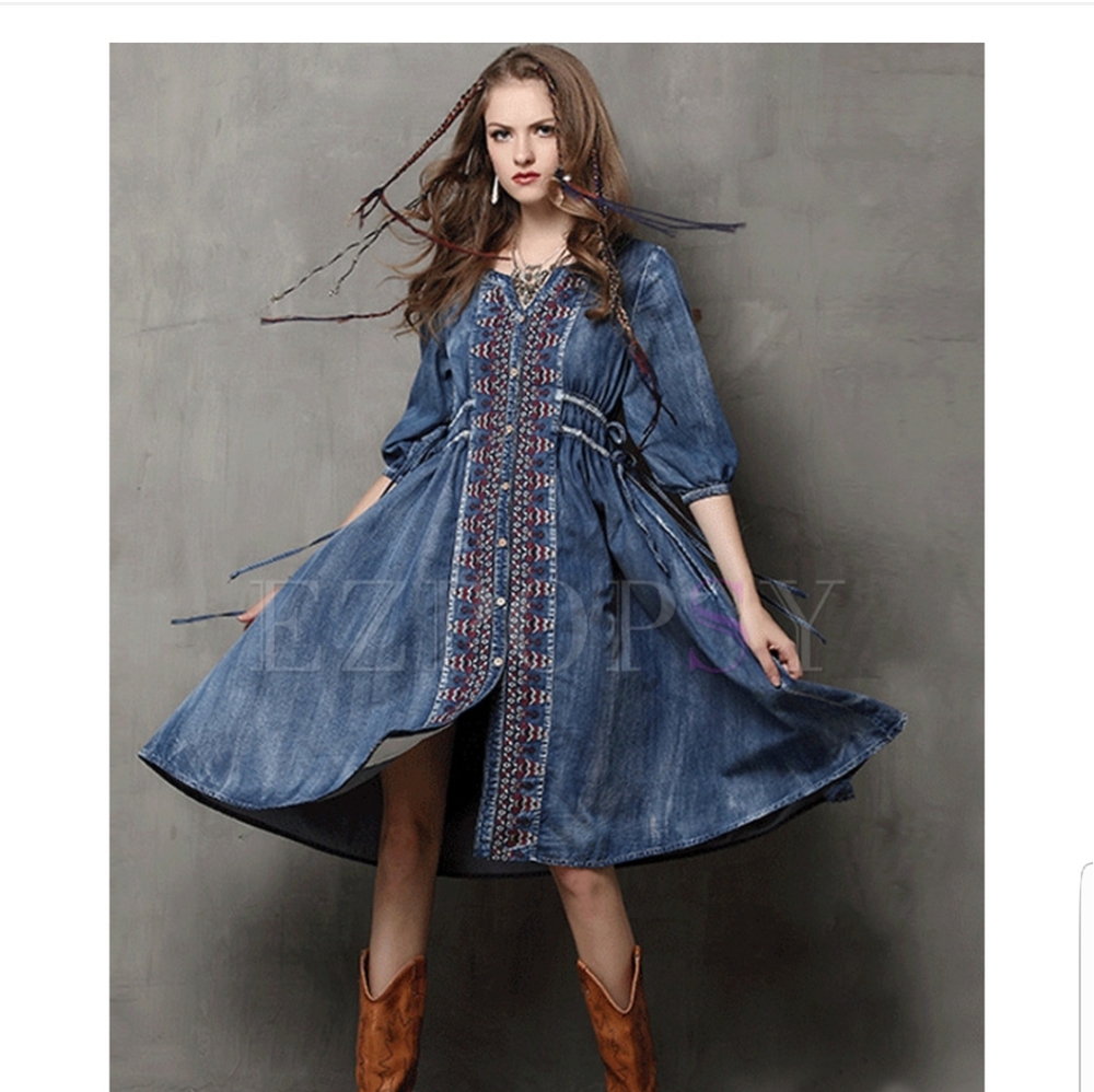 Light Denim embroidered button front dress